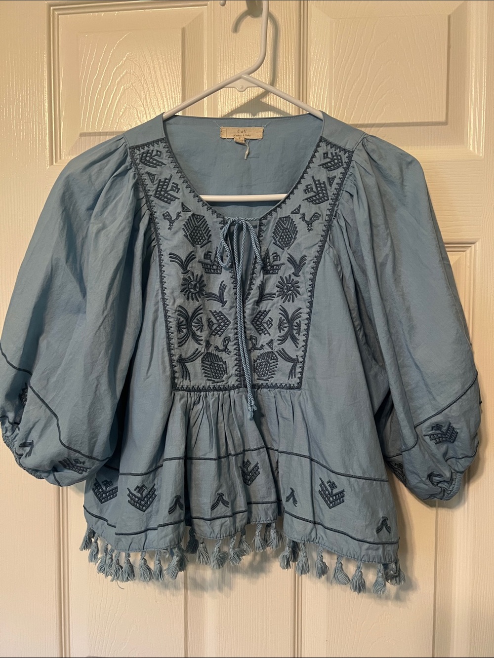 Chelsea & Violet Blue Embroidered Tassel Peasant Blouse